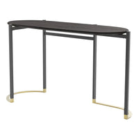 Black wood tabletop with sleek gray legs and gold accents, creating a modern and elegant design.