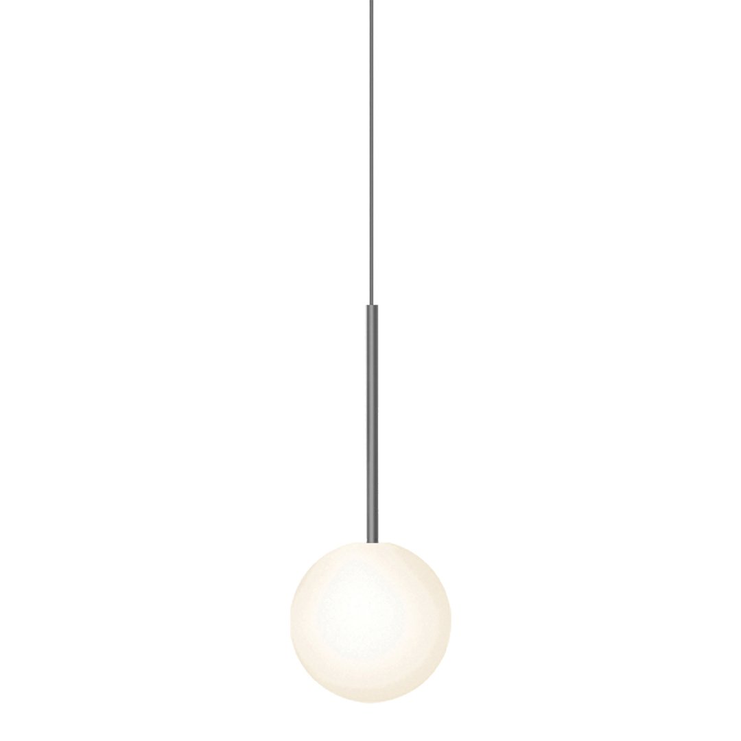 Sleek pendant lamp with a frosted white globe and a minimalist silver rod, perfect for modern decor.