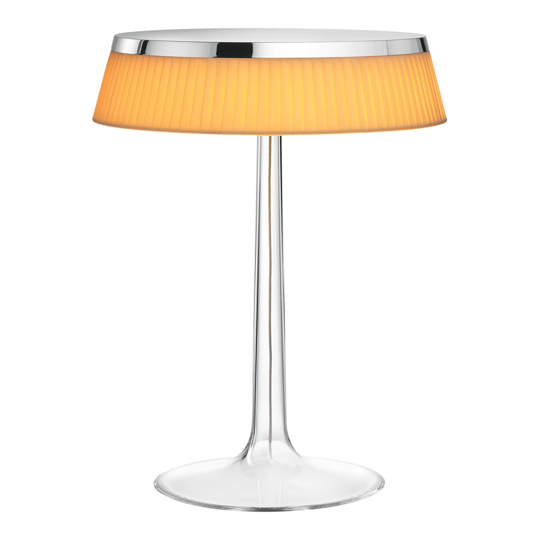 Modern table lamp with a sleek transparent base and vibrant orange pleated shade. Perfect for stylish decor.