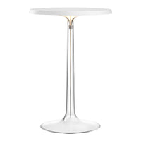 Sleek modern white round table with clear plastic base and subtle gold detailing, perfect for stylish interiors.
