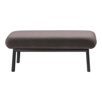 Gray upholstered ottoman with a smooth surface and sleek black metal legs, perfect for modern decor.