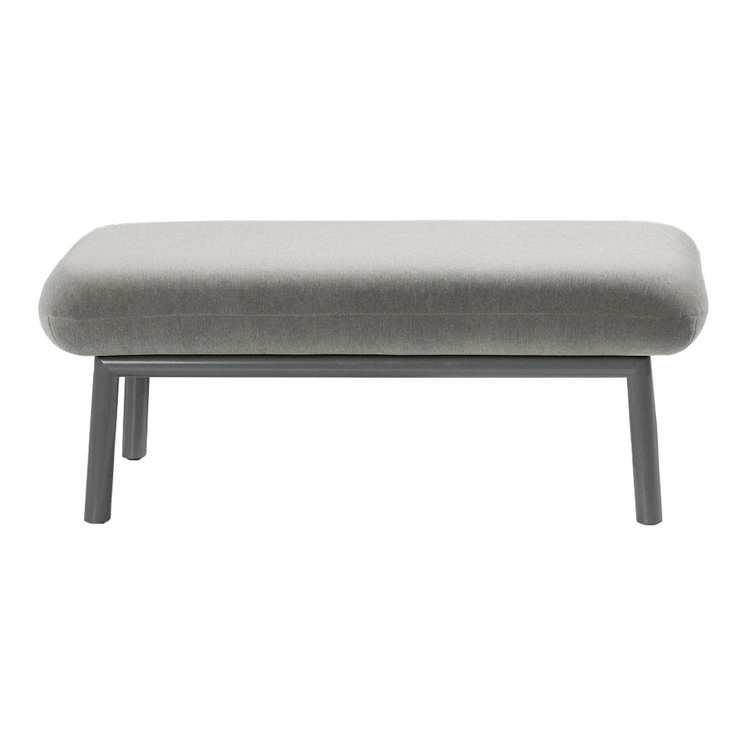 Gray upholstered ottoman with minimalist design and sleek black legs. Perfect for modern decor styles.