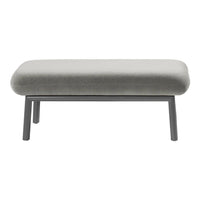 Gray upholstered ottoman with minimalist design and sleek black legs. Perfect for modern decor styles.