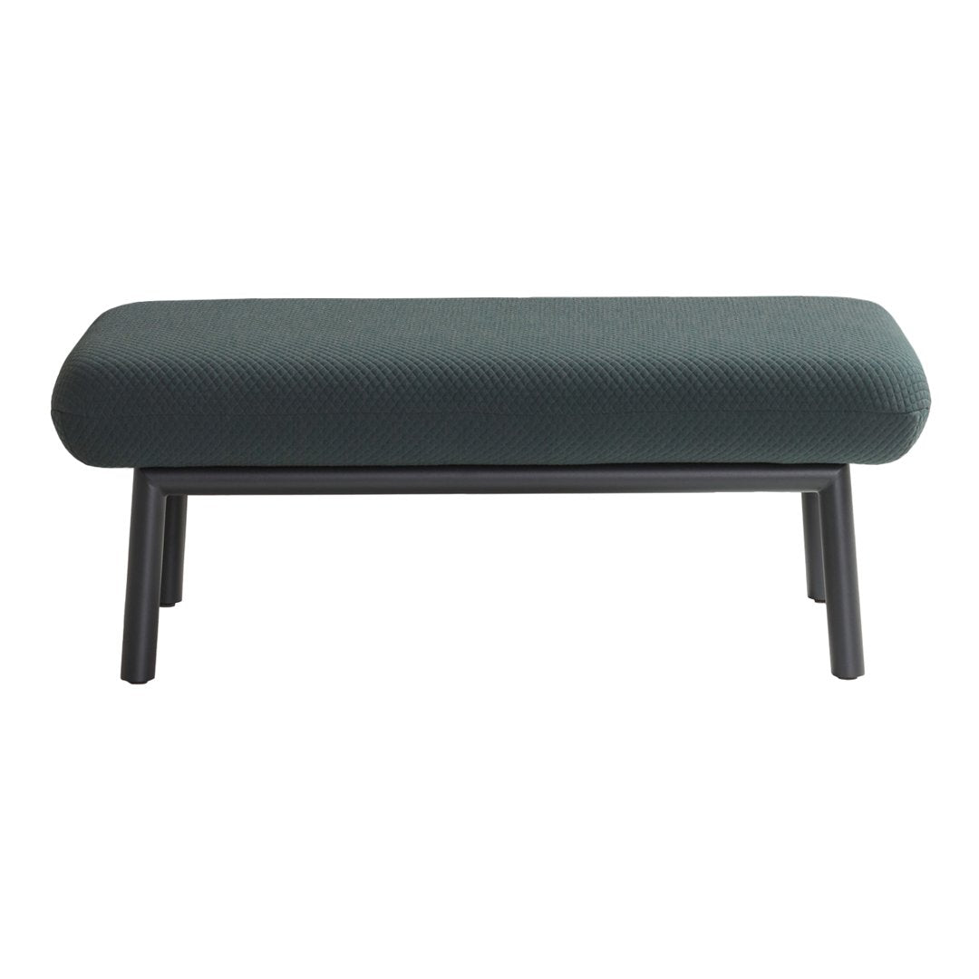 Dark green upholstered bench with a smooth texture and minimalistic black metal legs. Perfect for modern decor.