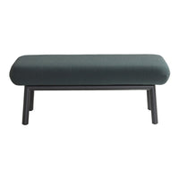 Dark green upholstered bench with a smooth texture and minimalistic black metal legs. Perfect for modern decor.