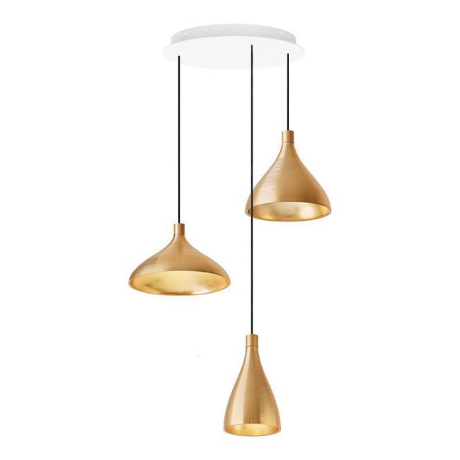 Three pendant lights with a sleek gold finish, suspended from a white ceiling mount. Modern and elegant design.
