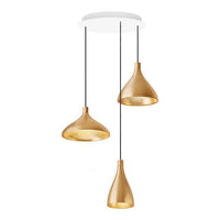 Three pendant lights with a sleek gold finish, suspended from a white ceiling mount. Modern and elegant design.