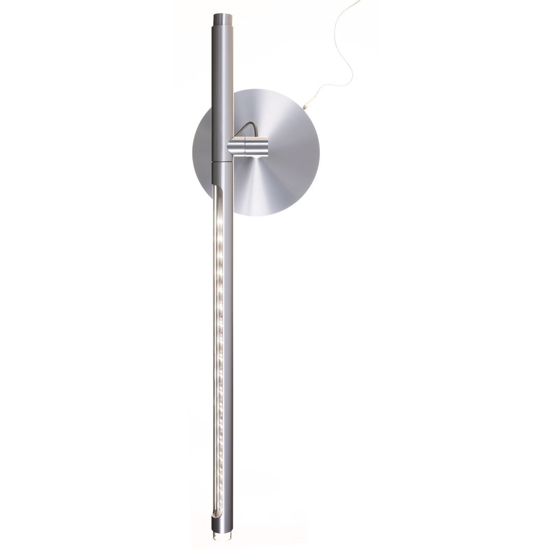 Sleek silver wall light with a minimalist design and a linear LED strip, perfect for modern decor.
