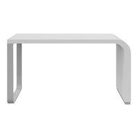 Sleek white table with a smooth, minimalist design, featuring clean lines and a modern aesthetic.