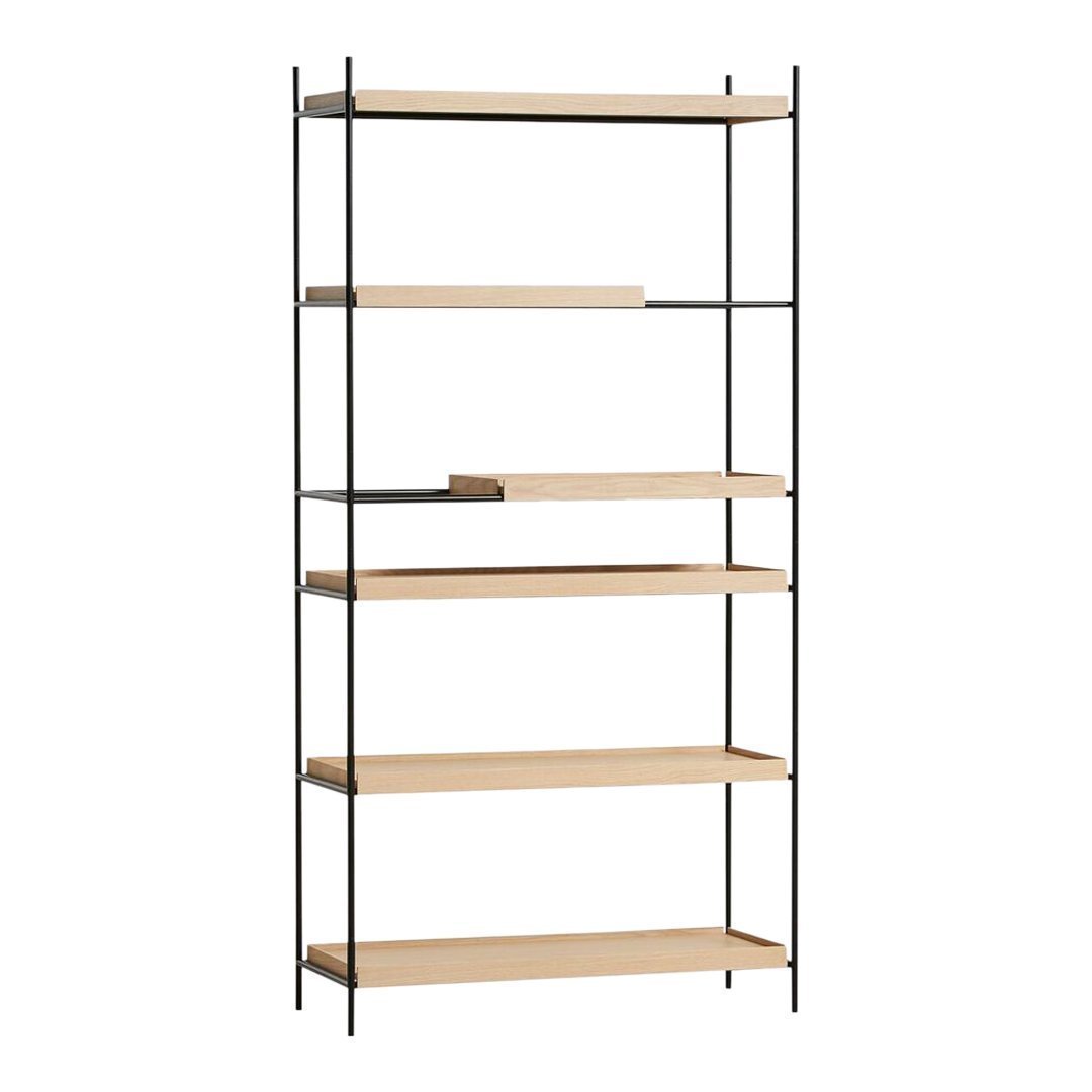 Minimalist black metal shelving unit with natural wood shelves, featuring clean lines and a sleek design.