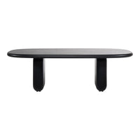 Black oval table with smooth surface and two rounded legs, showcasing a modern minimalist design.