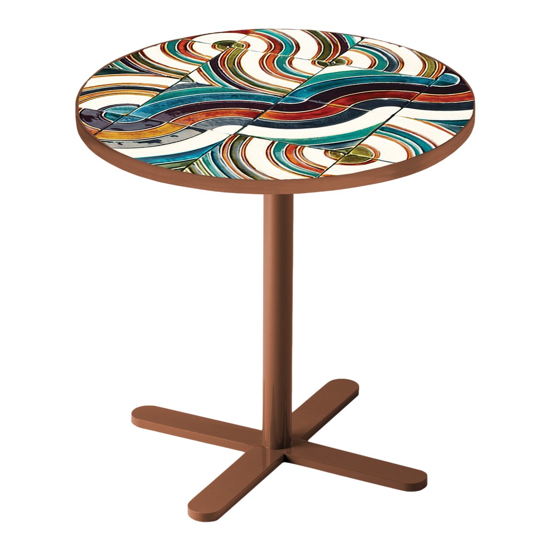 Colorful abstract patterned tabletop with swirling blues, greens, reds, and browns on a sturdy brown base.