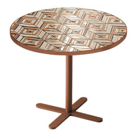 Round table with a geometric diamond pattern in browns, creams, and muted earth tones on a simple brown base.