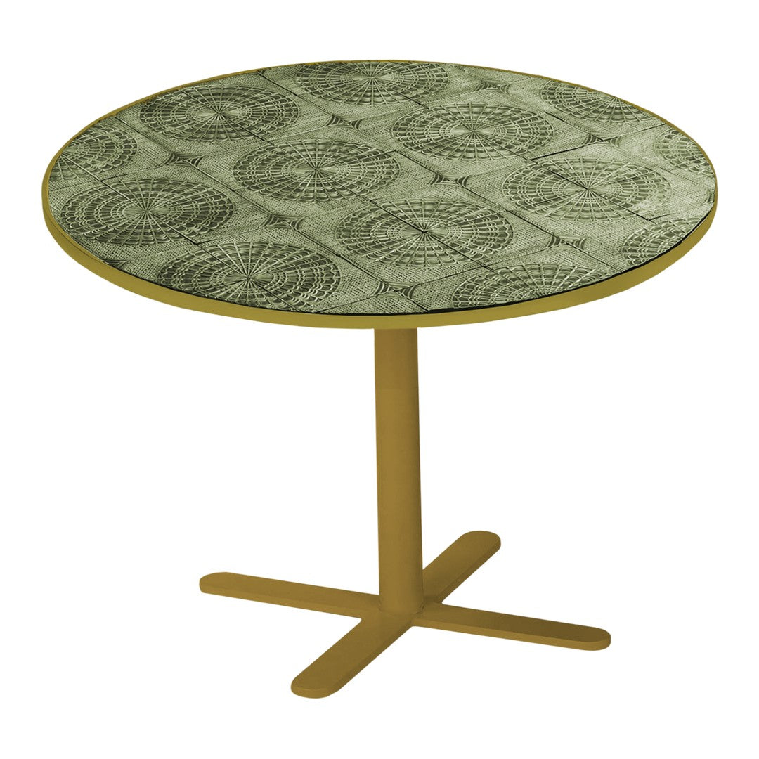 Green patterned tabletop with circular designs and gold metal base in a modern style. Perfect for contemporary decor.