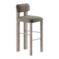 Gray upholstered bar stool with a smooth texture and clean, minimalist design featuring light-colored legs.