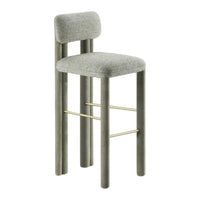 Gray upholstered stool with a simple design and gold accent bar, perfect for modern interiors.