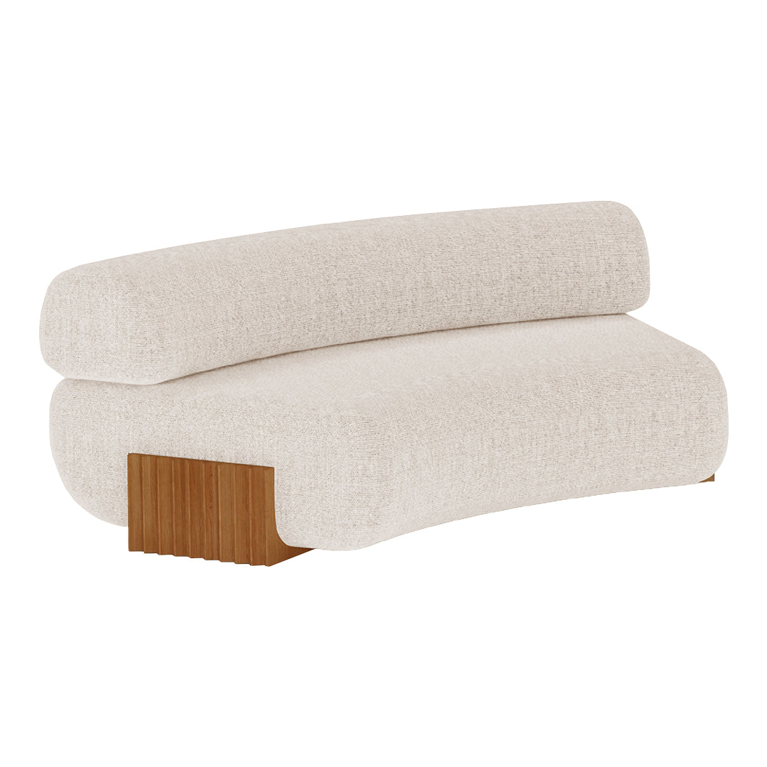 "Light beige sofa with a textured finish and wooden base, featuring smooth, minimalist lines."