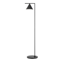 Modern black floor lamp with a sleek triangular shade and round base, featuring a minimalist design and clean lines.
