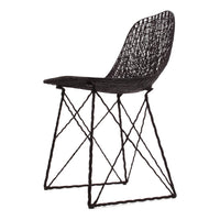 Black woven chair with a geometric pattern and slender black metal legs. Stylish and modern design for any space.