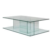 Clear glass coffee table with a sleek, modern design and clean lines, featuring a minimalist geometric pattern.
