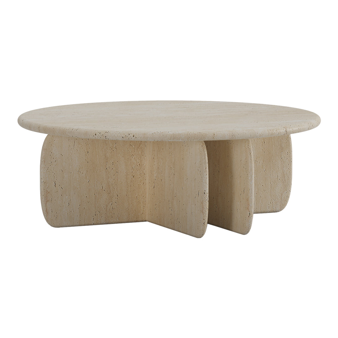 Natural beige round coffee table with minimalist design and textured, sculptural base. Perfect for modern decor.