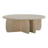 Natural beige round coffee table with minimalist design and textured, sculptural base. Perfect for modern decor.