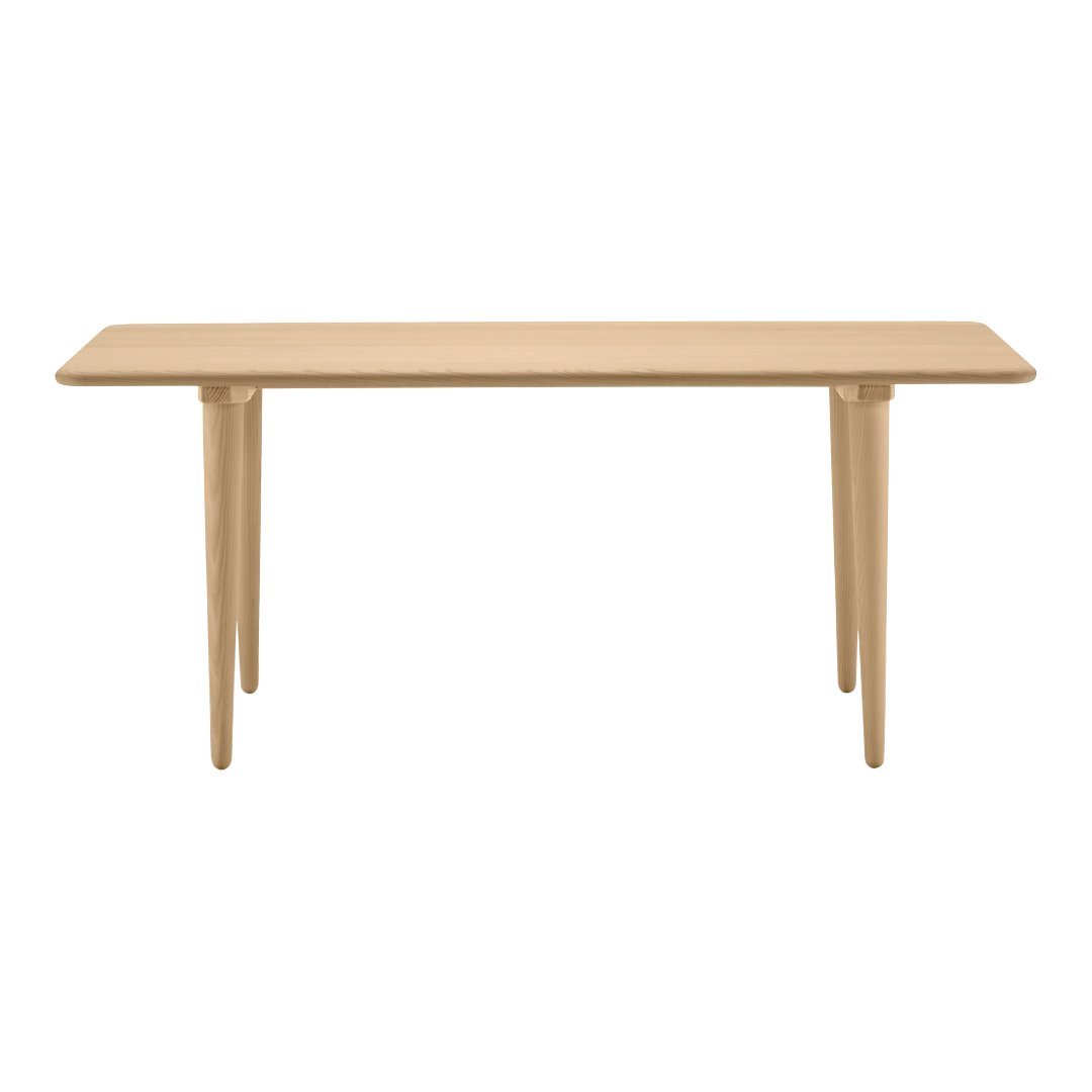 Light natural wood console table with a smooth finish and tapered legs, showcasing a minimalist design.