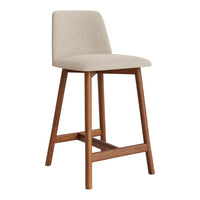 Beige upholstered bar stool with a sleek wooden frame and minimalist design. Ideal for modern interiors.