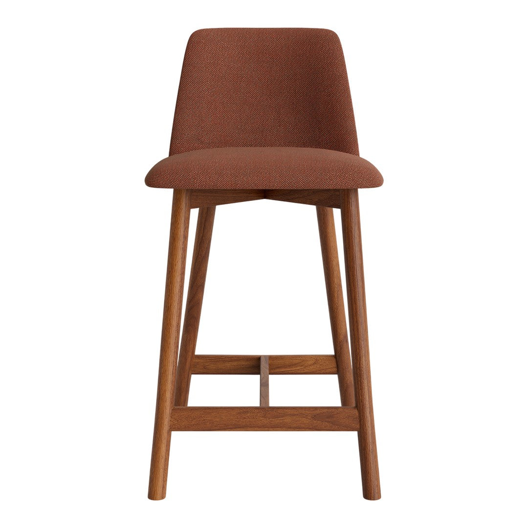 Rust-colored upholstered bar stool with simple geometric pattern and wooden legs. Modern design for stylish interiors.