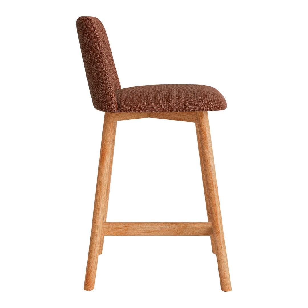 "Side view of a brown upholstered bar stool with natural wood legs, showcasing a sleek, minimalist design."
