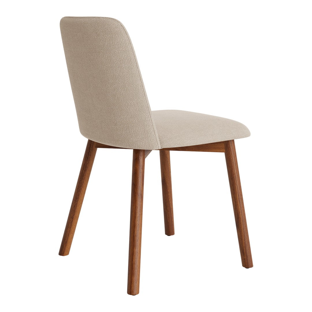Beige upholstered dining chair with a textured pattern and wooden tapered legs.