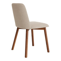 Beige upholstered dining chair with a textured pattern and wooden tapered legs.