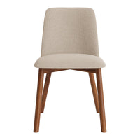 Beige textured fabric chair with wooden legs, featuring a simple and modern design. Perfect for any room decor.