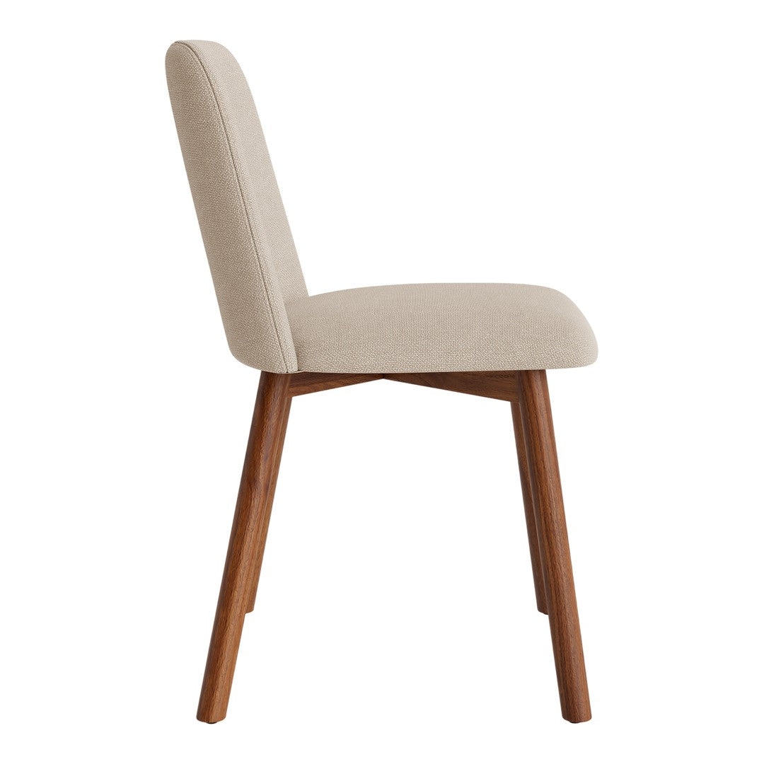 Beige upholstered chair with a textured fabric and wooden legs, offering a modern, minimalist design.