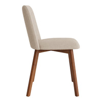 Beige upholstered chair with a textured fabric and wooden legs, offering a modern, minimalist design.