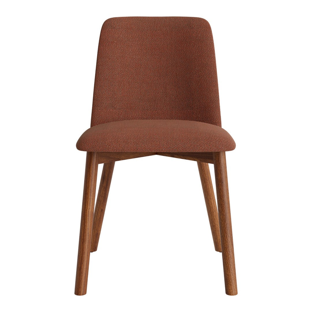 Textured rust-colored chair with wooden legs, featuring a minimalist design and modern aesthetic.