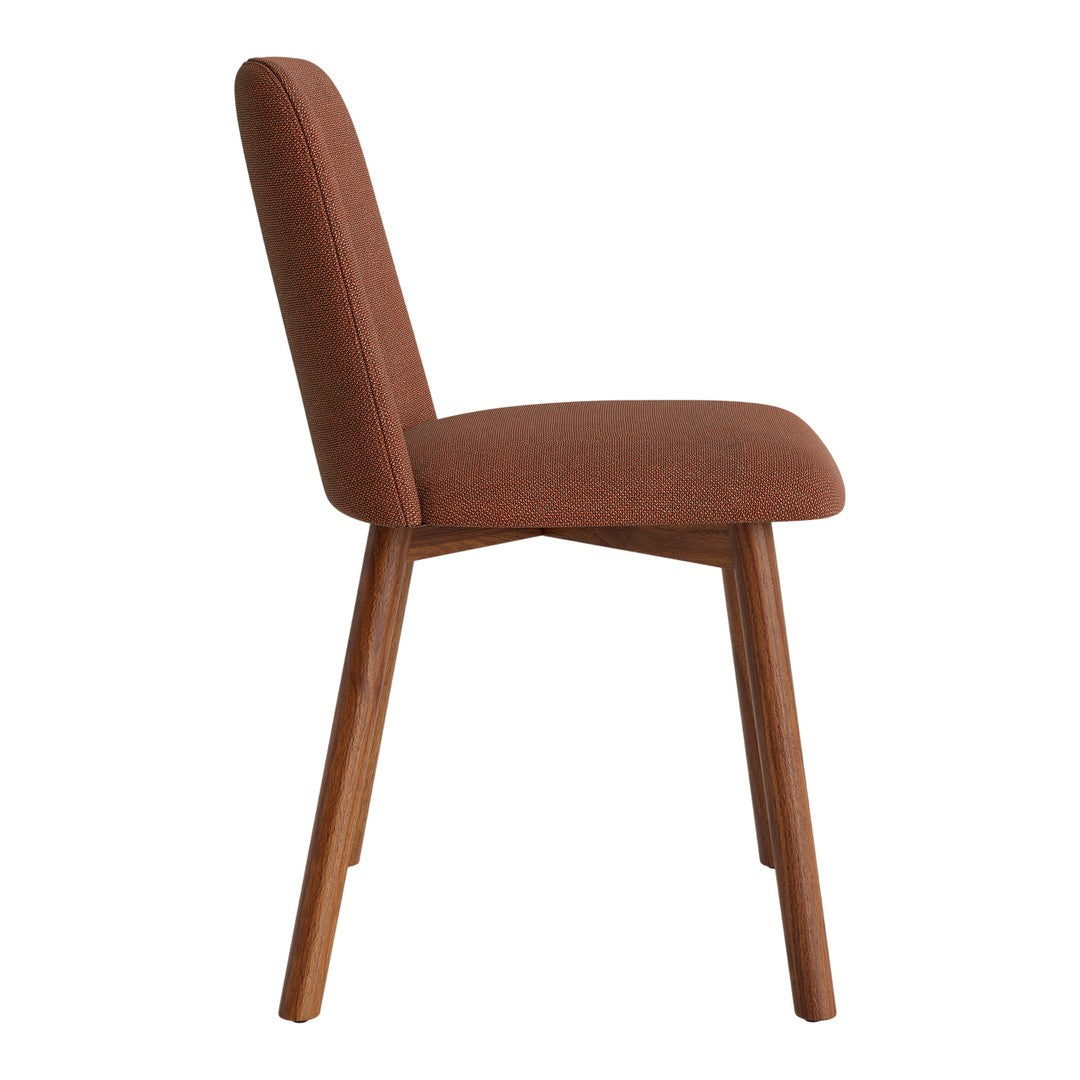Rust-colored upholstered chair with a textured fabric, featuring wooden legs for a modern look.