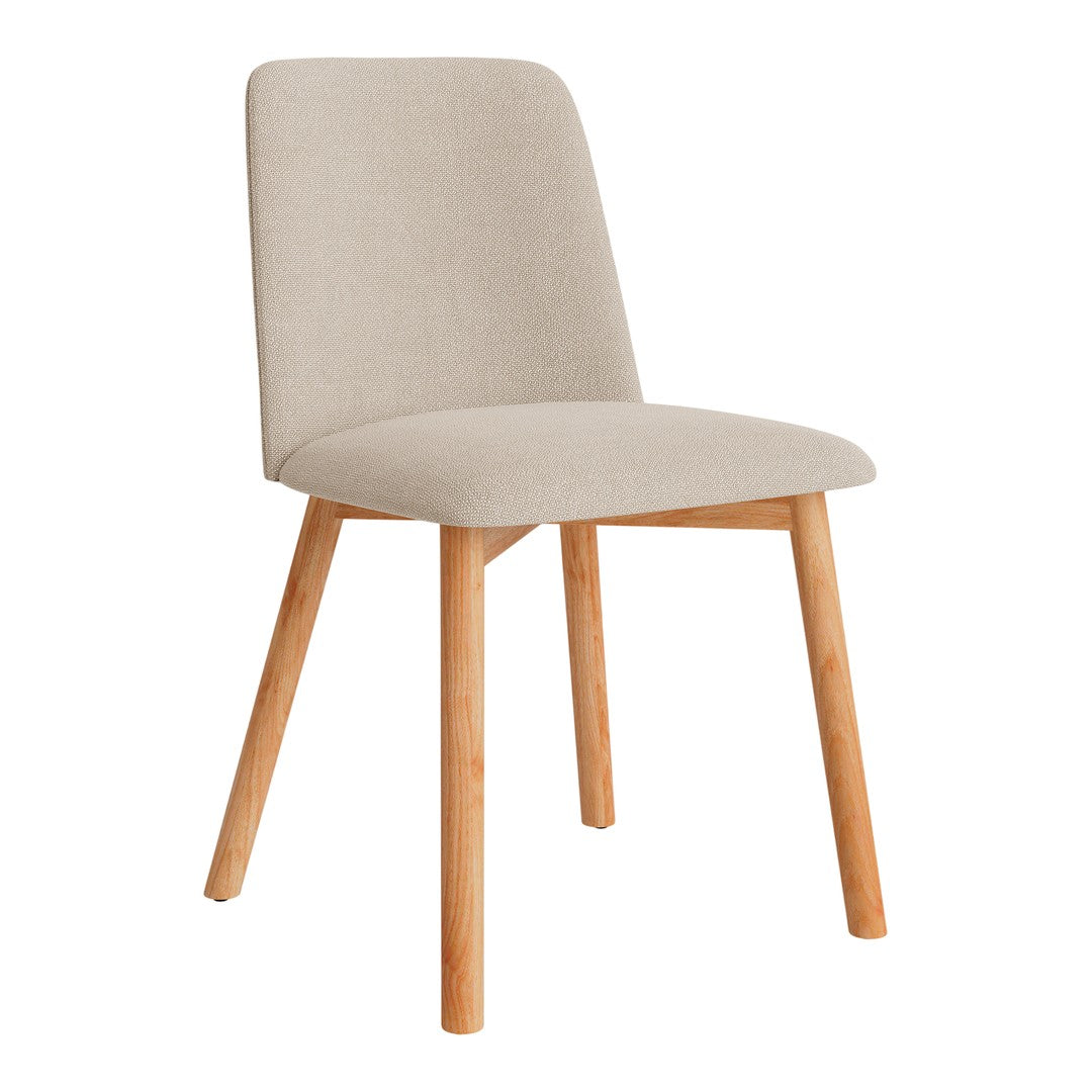 Beige upholstered chair with smooth fabric and light wooden legs, featuring a minimalist design.