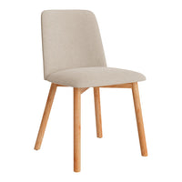 Beige upholstered chair with smooth fabric and light wooden legs, featuring a minimalist design.