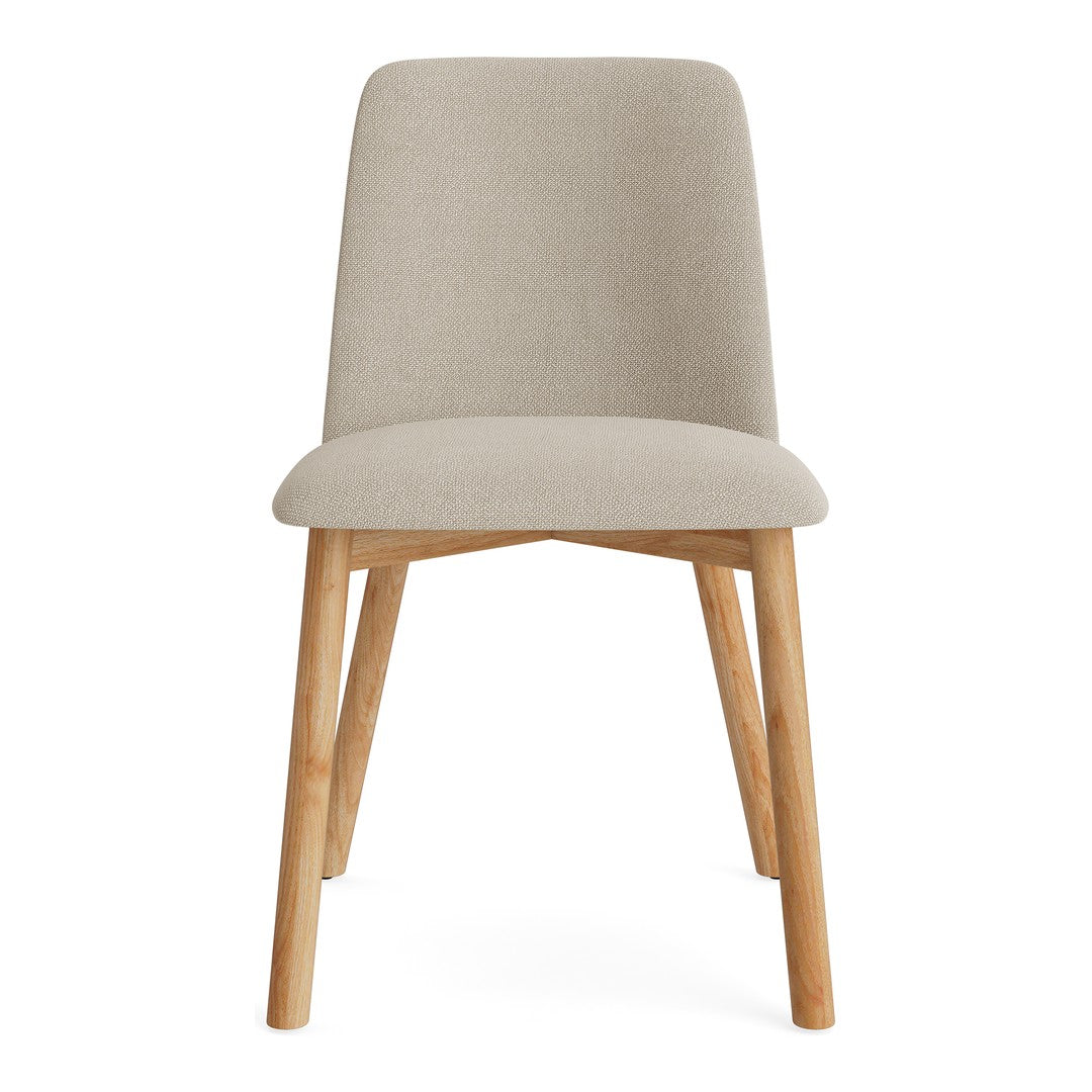 Beige upholstered chair with subtle textured pattern and light wooden legs, perfect for modern decor.