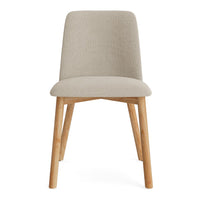 Beige upholstered chair with subtle textured pattern and light wooden legs, perfect for modern decor.