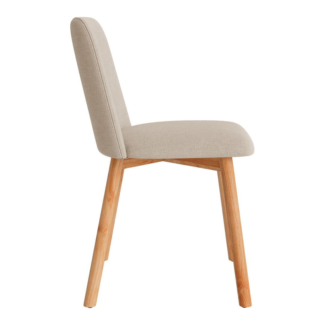 Beige upholstered dining chair with a textured fabric and natural wood legs, featuring a minimalist design.