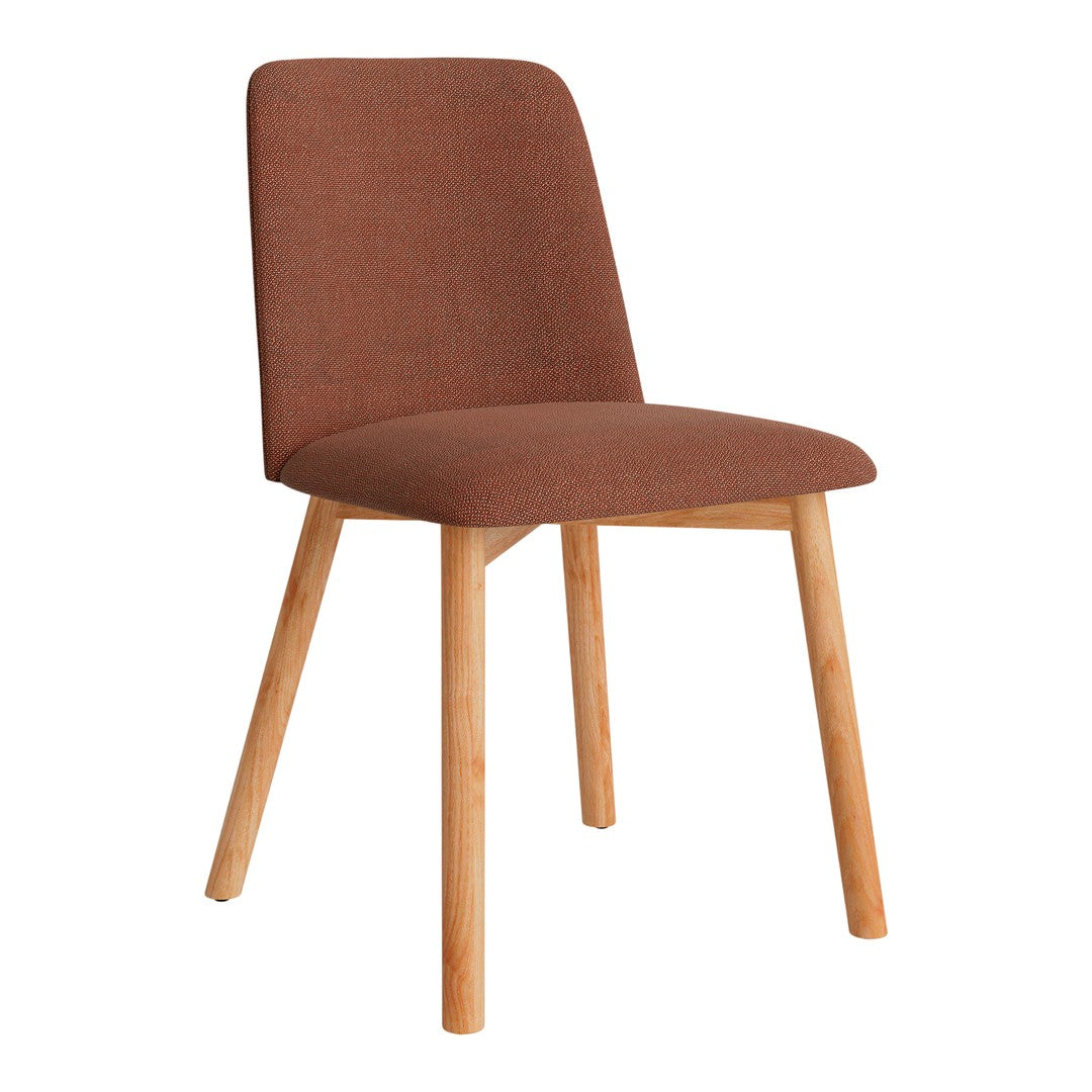 Brown upholstered dining chair with a smooth finish and wooden legs, featuring a minimalist design.