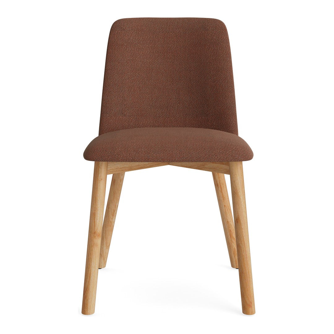 Brown fabric dining chair with wooden legs, featuring a smooth, contemporary design. Perfect for modern interiors.