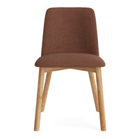 Brown fabric dining chair with wooden legs, featuring a smooth, contemporary design. Perfect for modern interiors.