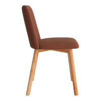 Brown upholstered chair with a textured pattern and natural wood legs, offering a modern, minimalistic design.