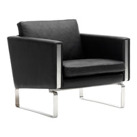 Black leather armchair with sleek chrome accents and minimalistic design. Perfect for modern interiors.