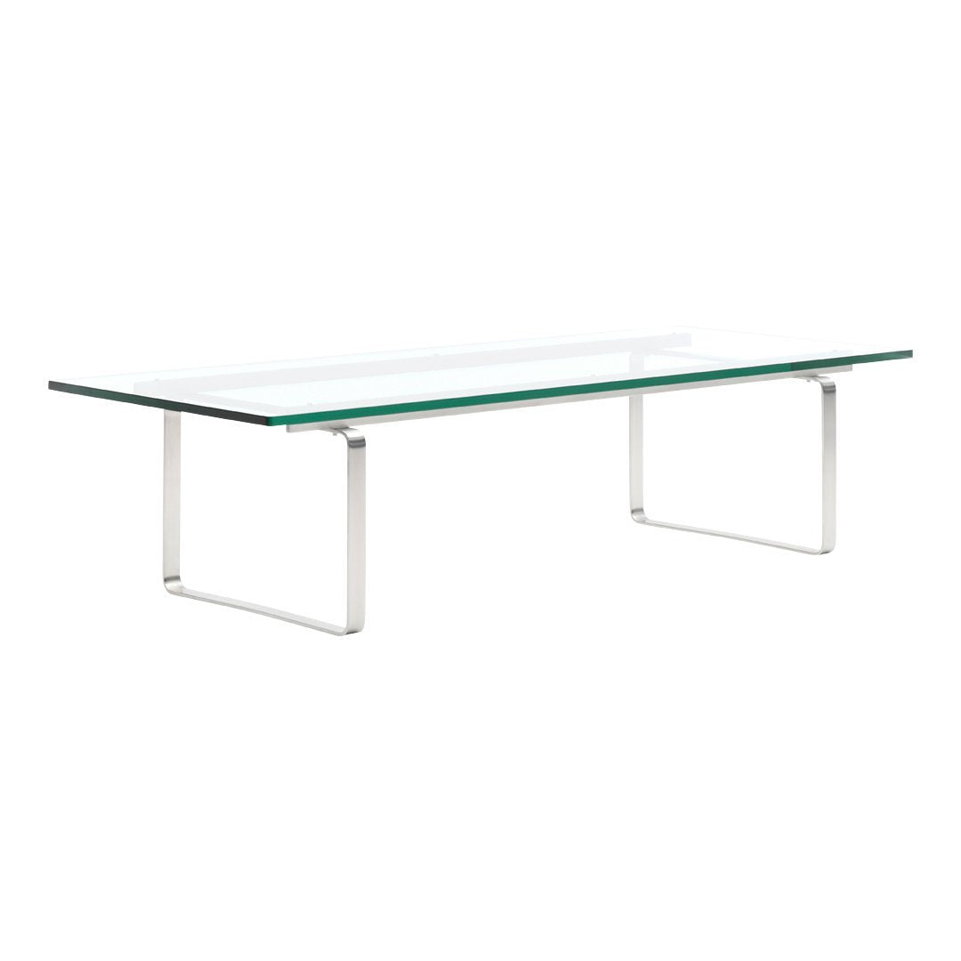 Modern glass coffee table with a transparent top and sleek silver metal legs, showcasing a minimalist design.