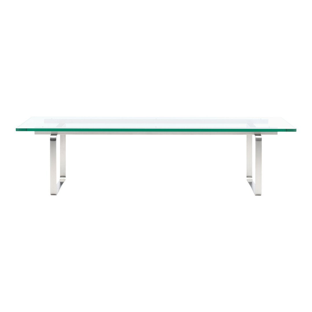 Rectangular glass coffee table with clear top and sleek silver metal legs, featuring a modern, minimalist design.