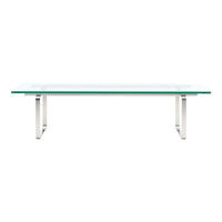 Rectangular glass coffee table with clear top and sleek silver metal legs, featuring a modern, minimalist design.